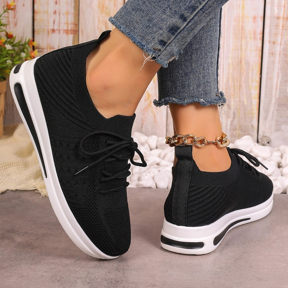 Women's Breathable Fly-Knit Sneakers - Lightweight Casual Shoes for Everyday Comfort Black Luxeara