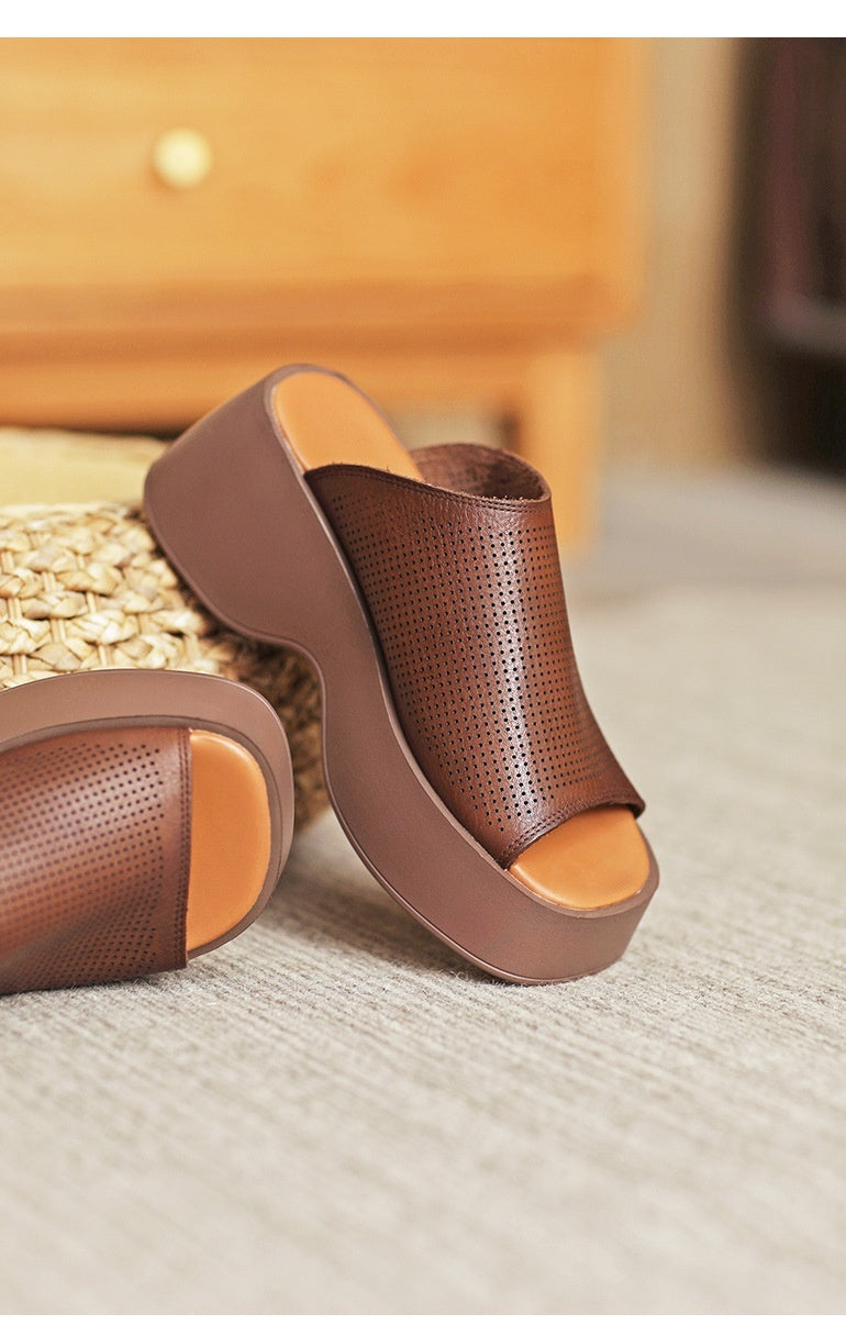 Handmade First Layer Cowhide High-end Breathable Hollow-out Platform Fish Mouth Casual Slippers Luxeara
