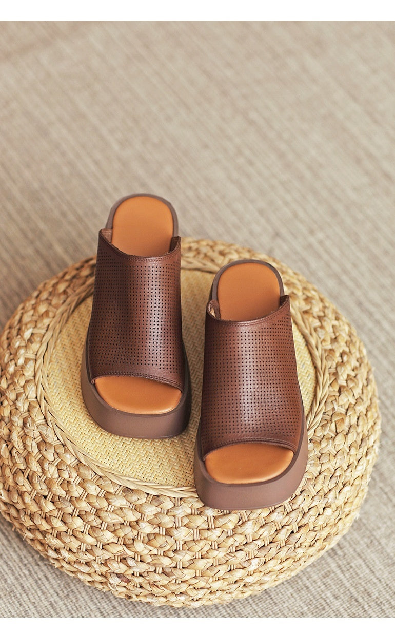 Handmade First Layer Cowhide High-end Breathable Hollow-out Platform Fish Mouth Casual Slippers Luxeara