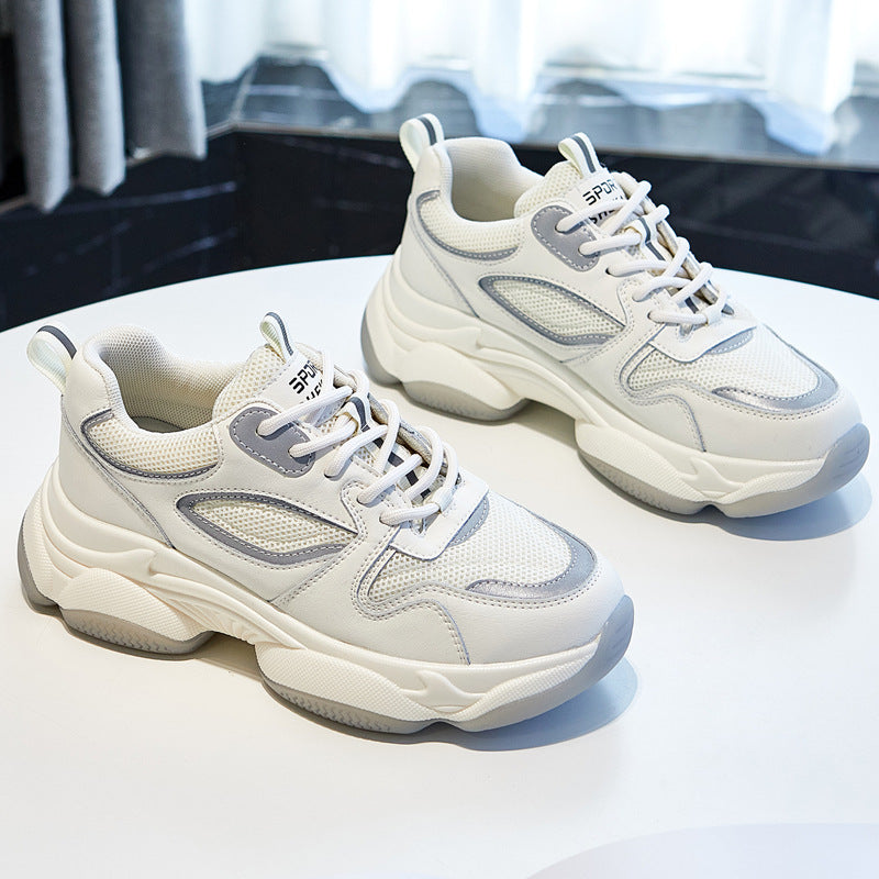 Women Platform Casual Shoes Reflective Fashion Sports White Sneakers Beige Luxeara
