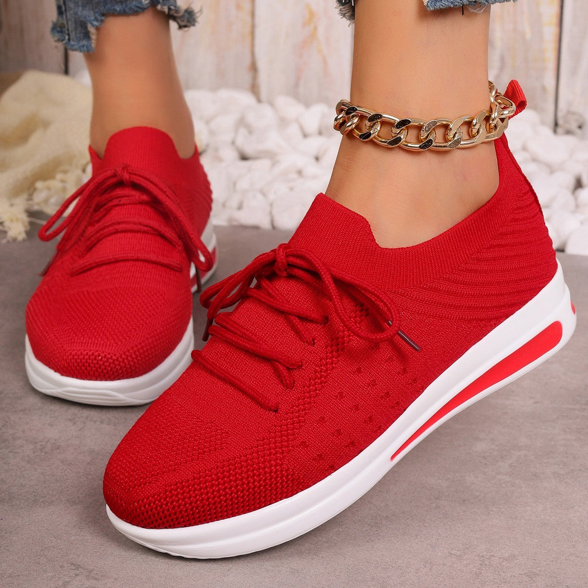 Women's Breathable Fly-Knit Sneakers - Lightweight Casual Shoes for Everyday Comfort Red Luxeara