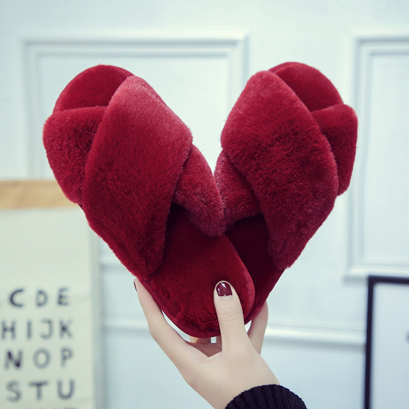 Low Heel Flat Simple Warm Comfortable Plush Slippers Home Floor Slippers Red Luxeara