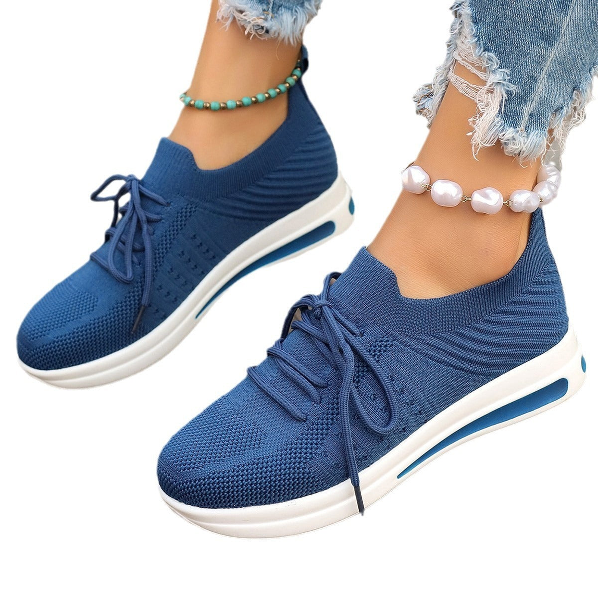 Women's Breathable Fly-Knit Sneakers - Lightweight Casual Shoes for Everyday Comfort Blue Luxeara