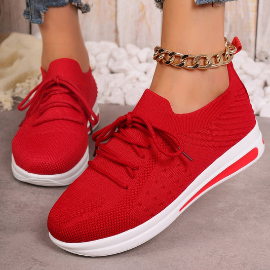 Women's Breathable Fly-Knit Sneakers - Lightweight Casual Shoes for Everyday Comfort Red Luxeara