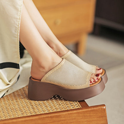 Handmade First Layer Cowhide High-end Breathable Hollow-out Platform Fish Mouth Casual Slippers Luxeara