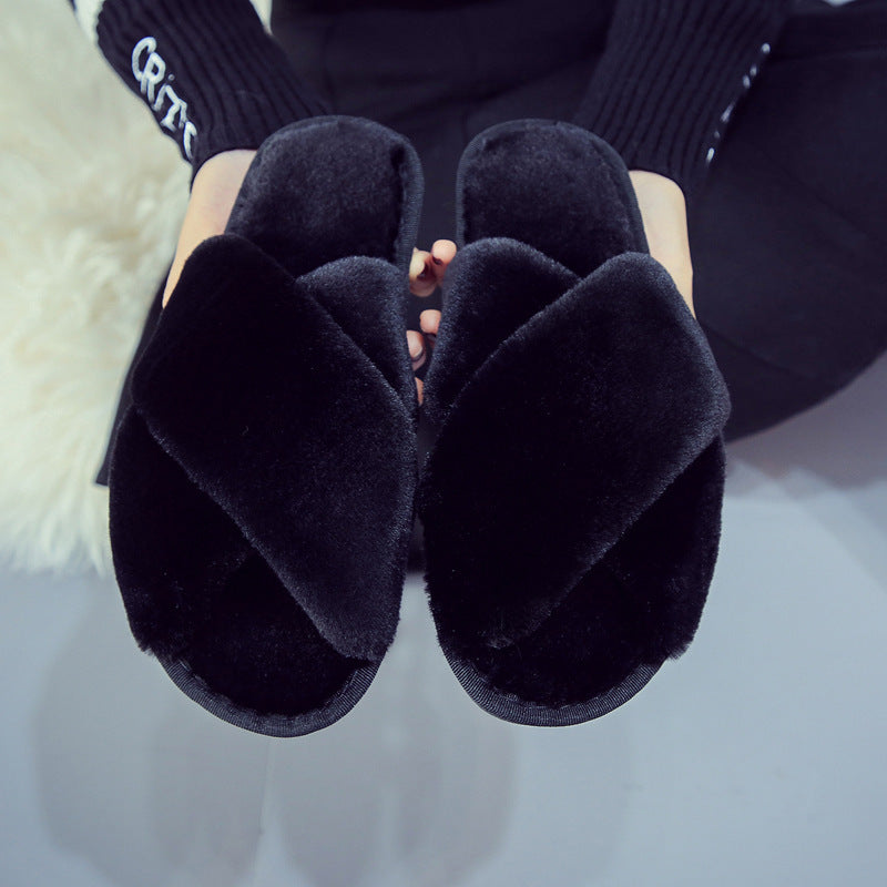 Low Heel Flat Simple Warm Comfortable Plush Slippers Home Floor Slippers Black Luxeara